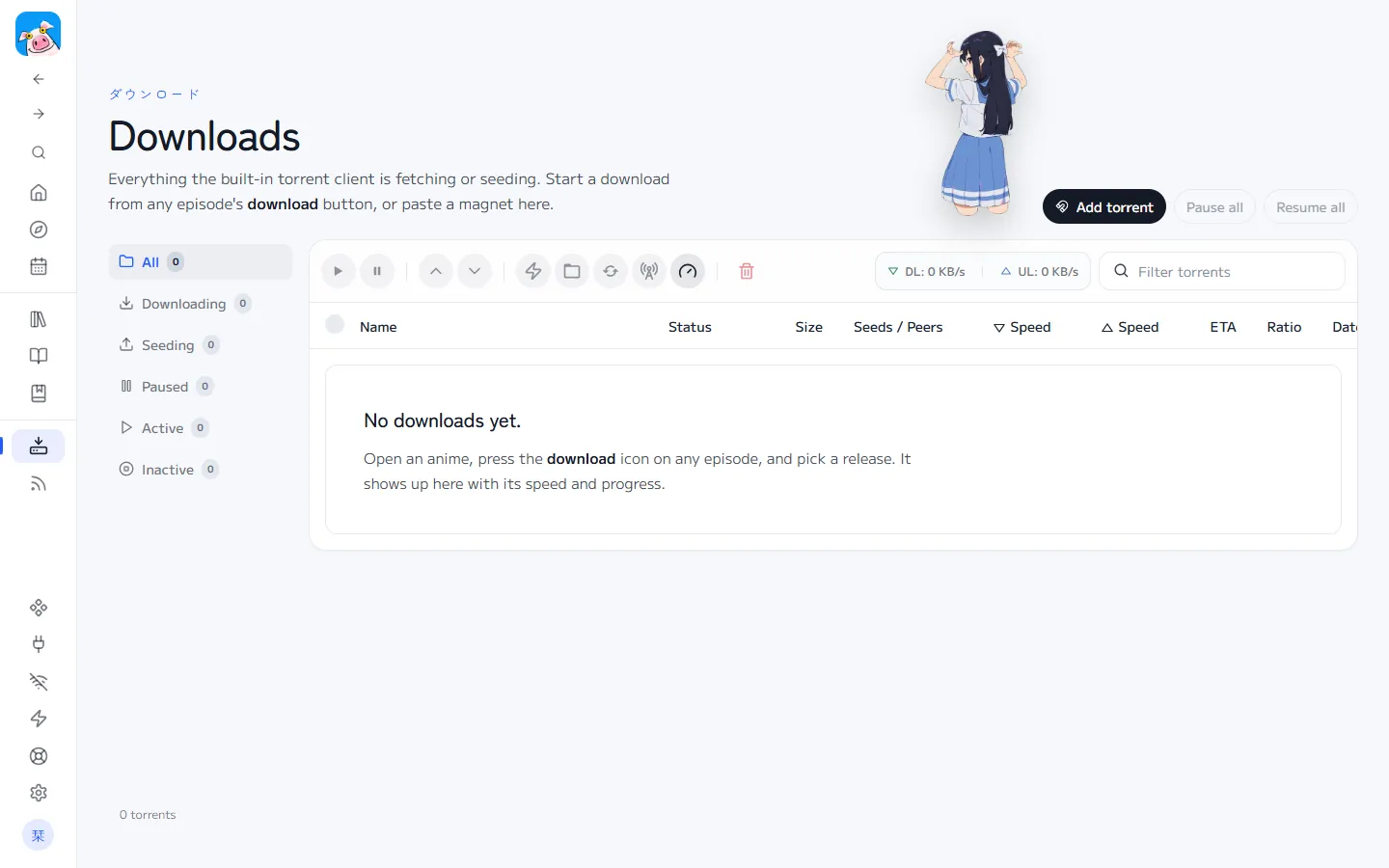 The Downloads page of the built-in torrent client