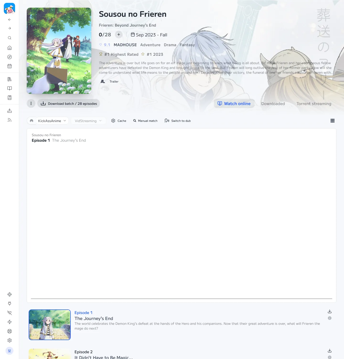 An anime page with the player and the episode list