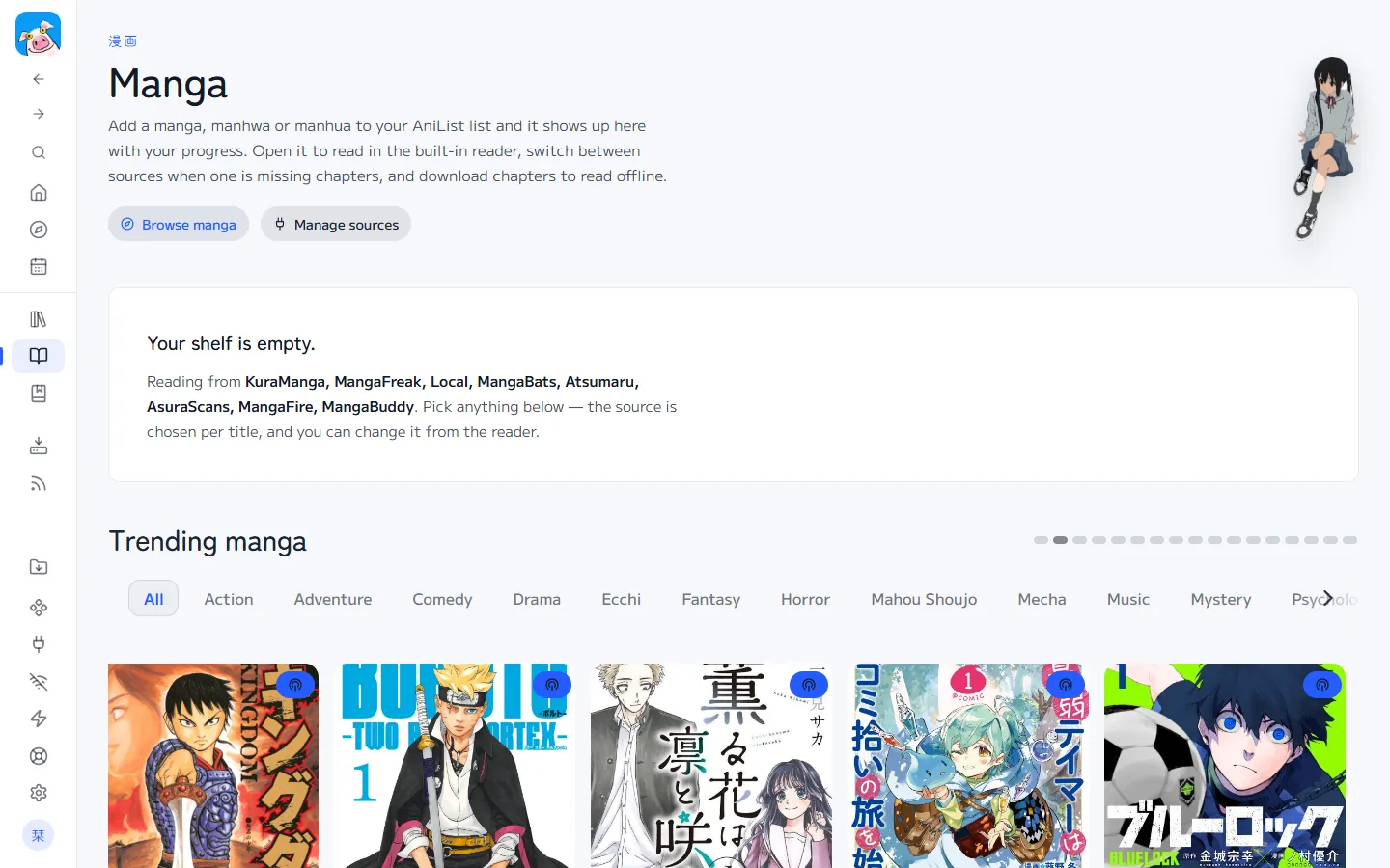 The Manga page with trending titles